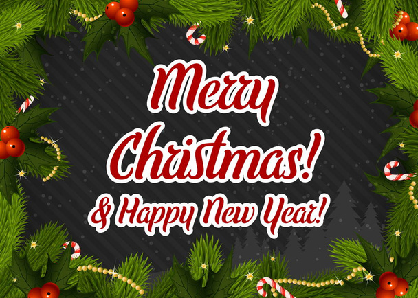 Feliz Navidad tarjeta de felicitación decorado árbol de abeto marco
 - Vector, imagen