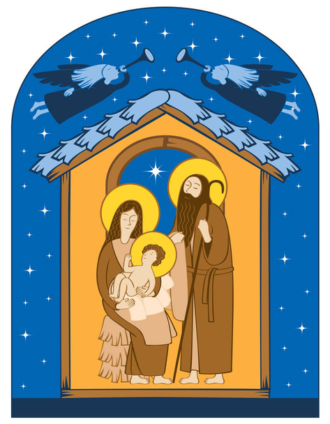 Vector εικονογράφηση σχετικά με το θέμα των Χριστουγέννων και της Πρωτοχρονιάς σε επίπεδη στυλ. Αγία οικογένεια και Χριστούγεννα άγγελοι. Χριστουγεννιάτικη Φάτνη - Διάνυσμα, εικόνα