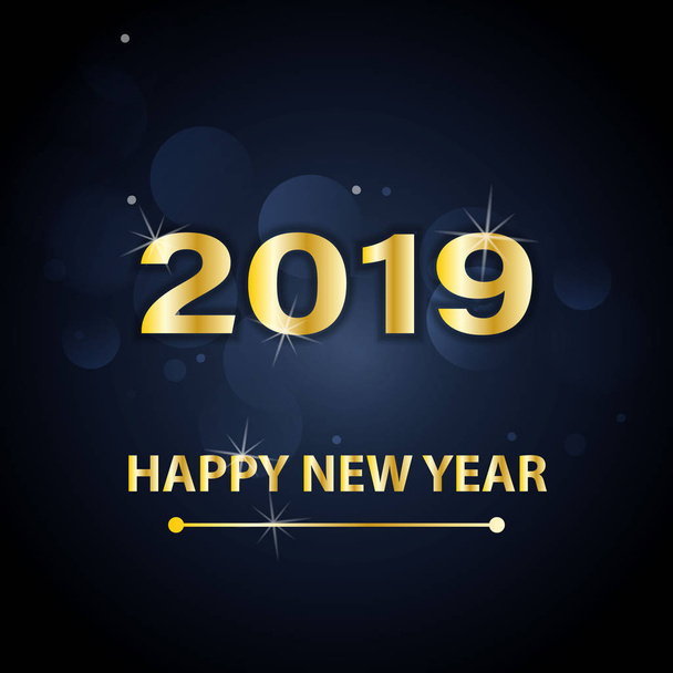 Feliz Ano Novo 2019 design de texto. Ilustração de saudação vetorial com números dourados e flocos de neve em um fundo azul escuro
. - Vetor, Imagem