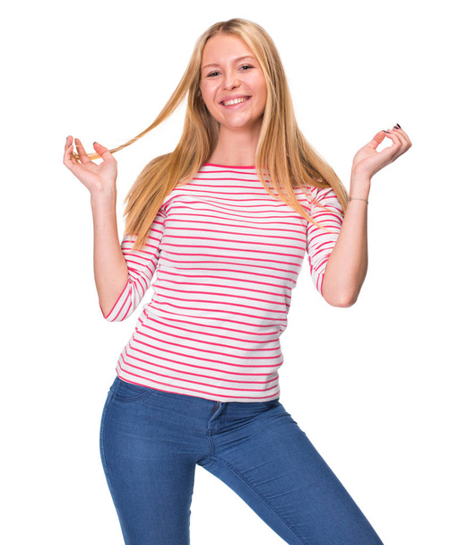 Portrait close up of young beautiful happy blonde woman, isolated on white background - Photo, image