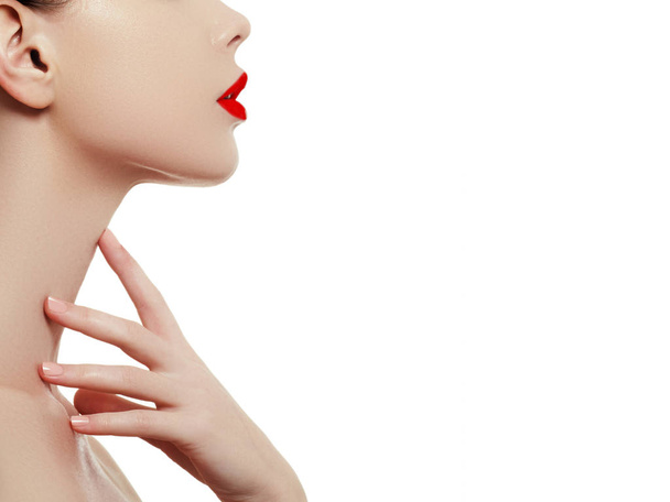 Woman health. Red Sexy Lips . Open Mouth. Makeup cosmetics. Make up concept. Beauty model girl's face isolated on white background. Filler injections. Lip augmentation, Beautiful Perfect Lips - Φωτογραφία, εικόνα
