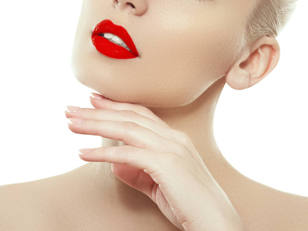Woman health. Red Sexy Lips . Open Mouth. Makeup cosmetics. Make up concept. Beauty model girl's face isolated on white background. Filler injections. Lip augmentation, Beautiful Perfect Lips - Foto, Bild
