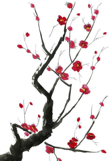 A branch of a blossoming tree. Pink and red stylized flowers of plum mei, wild apricots and sakura . Watercolor and ink illustration in style sumi-e, u-sin. Oriental traditional painting.   - Fotó, kép