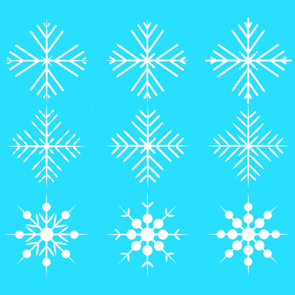 снежинка зимний набор белый изолированный девять иконок силуэт на синем фоне
 - Вектор,изображение