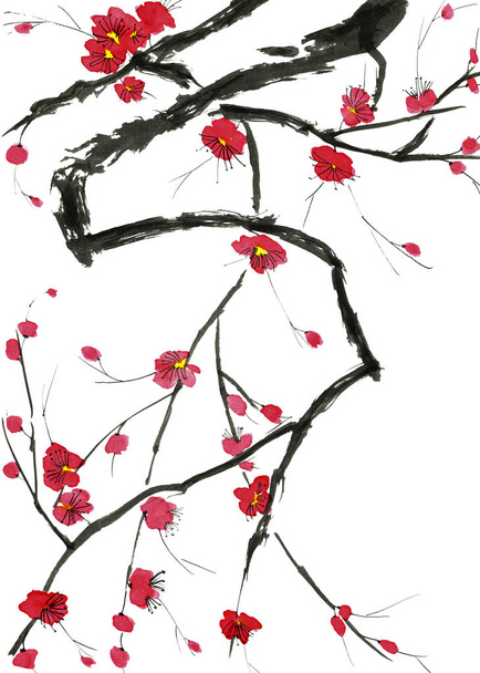 A branch of a blossoming tree. Pink and red stylized flowers of plum mei, wild apricots and sakura . Watercolor and ink illustration in style sumi-e, u-sin. Oriental traditional painting.   - Valokuva, kuva