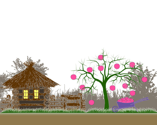Schubkarre auf dem Hintergrund eines Landhauses. Apfelernte. Apfelbaum mit Schubkarre. Vektorillustration. eps10 - Vektor, Bild