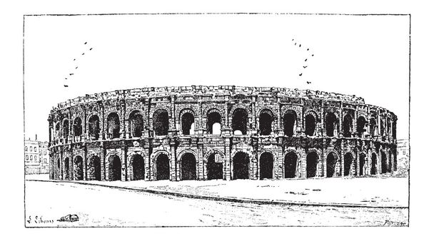 Arena van Nîmes, in Nîmes, languedoc-roussillon, Frankrijk, vintage - Vector, afbeelding