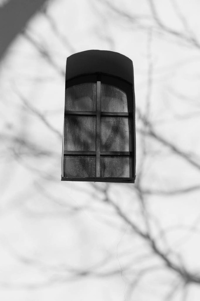 stare okna z Kościoła i cienie oddziałów na ścianie w czerni i bieli, Frydek-Mistek, Czechy - Zdjęcie, obraz