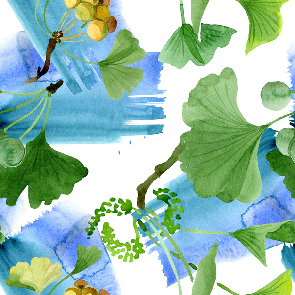 Beautiful green ginkgo biloba with leaves isolated on white. Watercolor background illustration. Seamless background pattern. Fabric wallpaper print texture. - Photo, Image