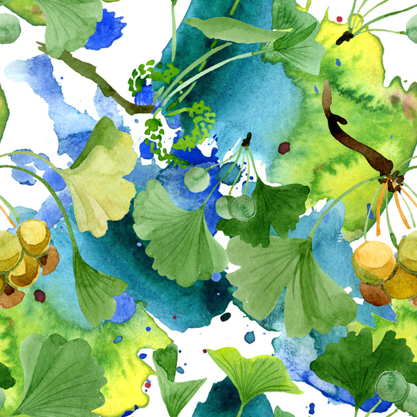 Beautiful green ginkgo biloba with leaves isolated on white. Watercolor background illustration. Seamless background pattern. Fabric wallpaper print texture. - 写真・画像