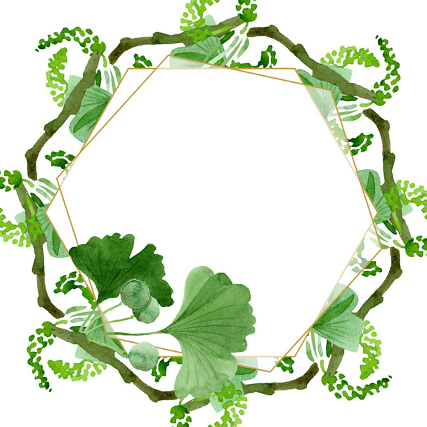 schöne grüne Ginkgo biloba mit Blättern isoliert auf weiß. Aquarell-Hintergrundillustration. Aquarellzeichnung Modeaquarell isoliert auf Weiß. Rahmen Bordüre Ornament. - Foto, Bild