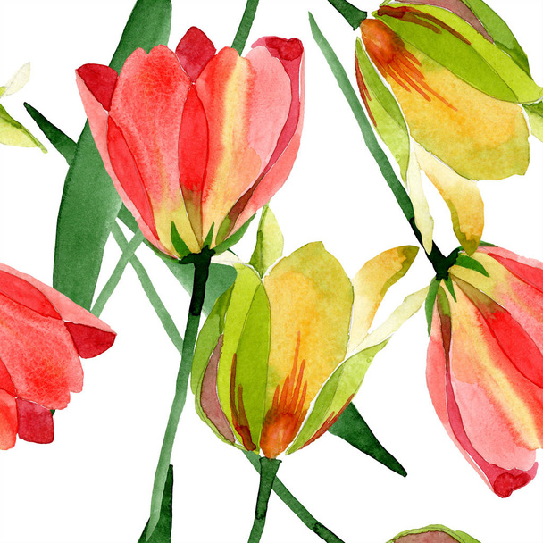 Beautiful yellow tulips with green leaves isolated on white. Watercolor background illustration. Seamless background pattern. Fabric wallpaper print texture.  - Valokuva, kuva