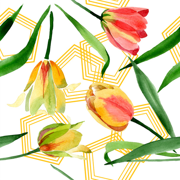 Beautiful yellow tulips with green leaves isolated on white. Watercolor background illustration. Seamless background pattern. Fabric wallpaper print texture.  - Foto, imagen
