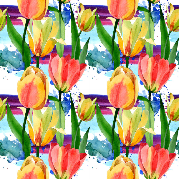 Hermosos tulipanes amarillos con hojas verdes aisladas en blanco. Ilustración de fondo acuarela. Patrón de fondo sin costuras. Textura de impresión de papel pintado de tela
.  - Foto, Imagen