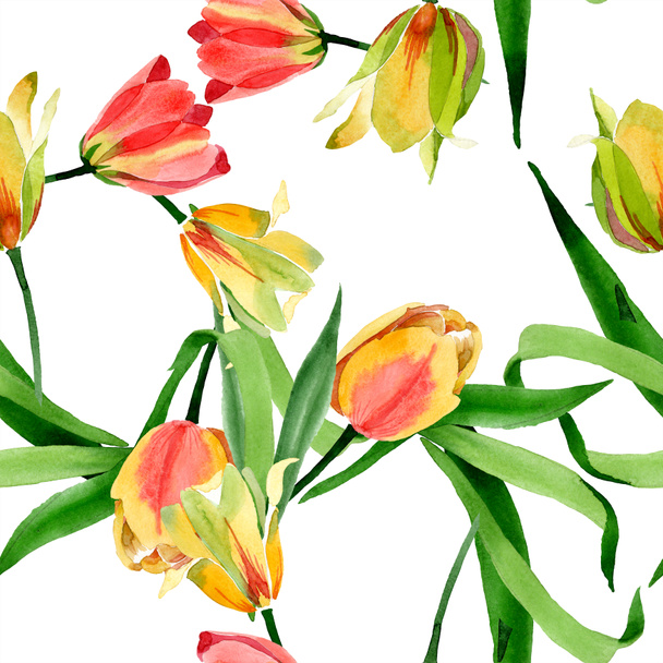 Beautiful yellow tulips with green leaves isolated on white. Watercolor background illustration. Watercolour drawing fashion aquarelle. Frame border ornament. - Fotó, kép