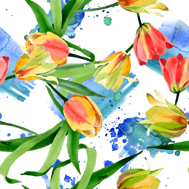 Beautiful yellow tulips with green leaves isolated on white. Watercolor background illustration. Watercolour drawing fashion aquarelle. Frame border ornament. - Valokuva, kuva