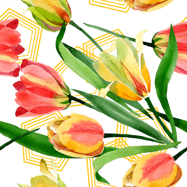 Beautiful yellow tulips with green leaves isolated on white. Watercolor background illustration. Watercolour drawing fashion aquarelle. Frame border ornament. - Photo, image