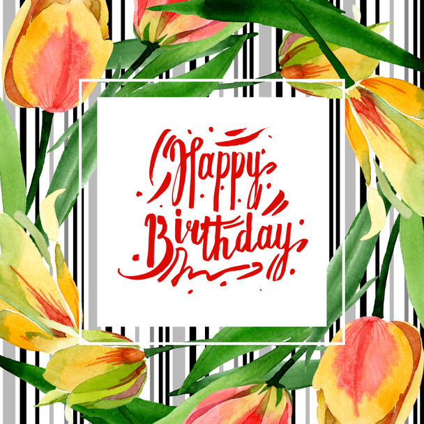 Yellow tulips. Watercolor background illustration. Frame border ornament with happy birthday calligraphy. - Photo, Image