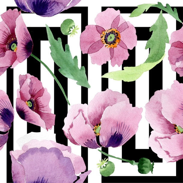 Beautiful burgundy poppy flowers. Watercolor background illustration. Seamless background pattern. Fabric wallpaper print texture. - Photo, Image
