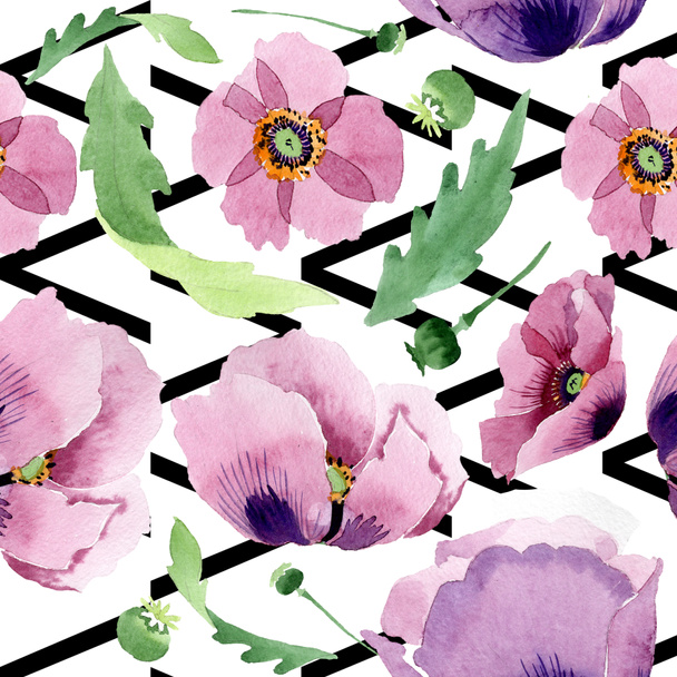 Beautiful burgundy poppy flowers. Watercolor background illustration. Seamless background pattern. Fabric wallpaper print texture. - Photo, Image