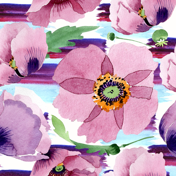 Beautiful burgundy poppy flowers. Watercolor background illustration. Seamless background pattern. Fabric wallpaper print texture. - Foto, afbeelding