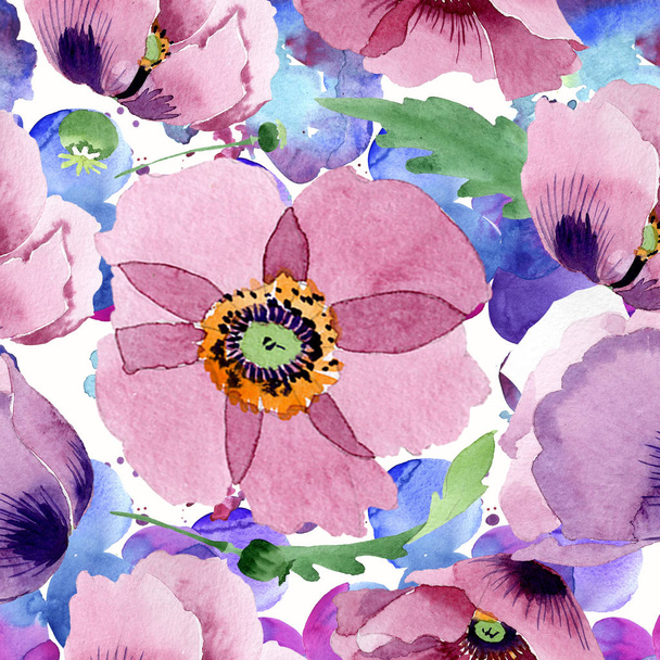 Beautiful burgundy poppy flowers. Watercolor background illustration. Seamless background pattern. Fabric wallpaper print texture. - Fotó, kép