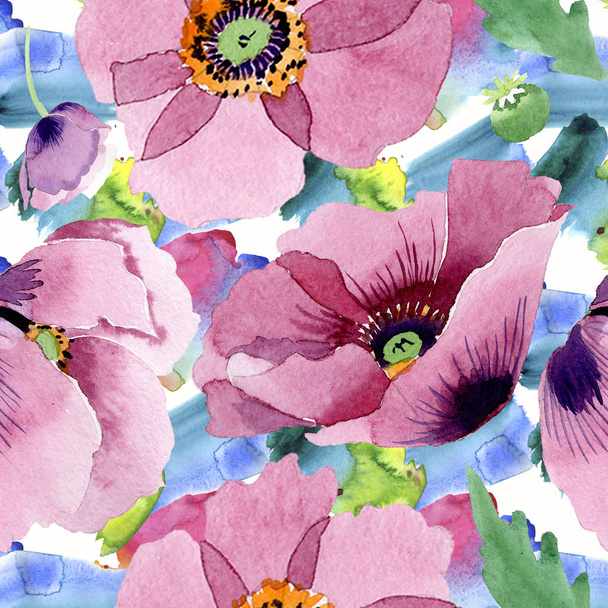 Beautiful burgundy poppy flowers. Watercolor background illustration. Seamless background pattern. Fabric wallpaper print texture. - Foto, afbeelding