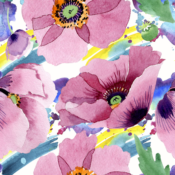 Beautiful burgundy poppy flowers. Watercolor background illustration. Seamless background pattern. Fabric wallpaper print texture. - Foto, Bild