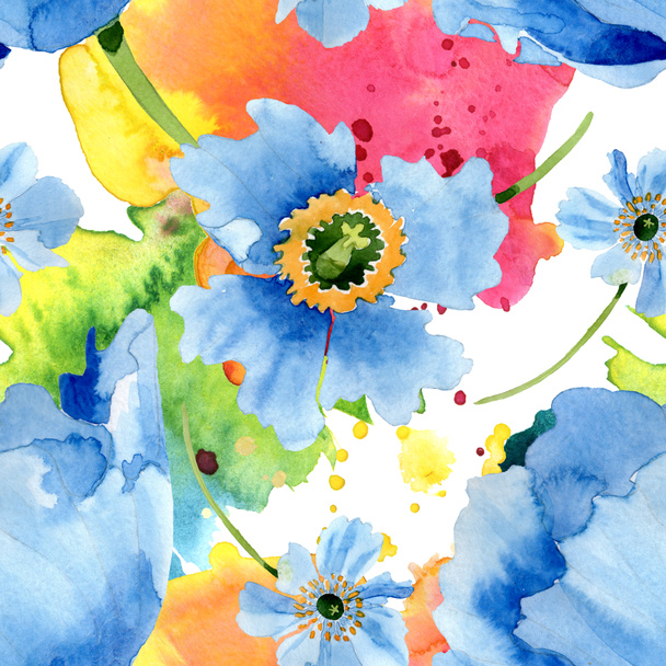 Beautiful blue poppy flowers with green leaves isolated on white. Watercolor background illustration. Watercolour aquarelle. Seamless background pattern. Fabric wallpaper print texture. - 写真・画像