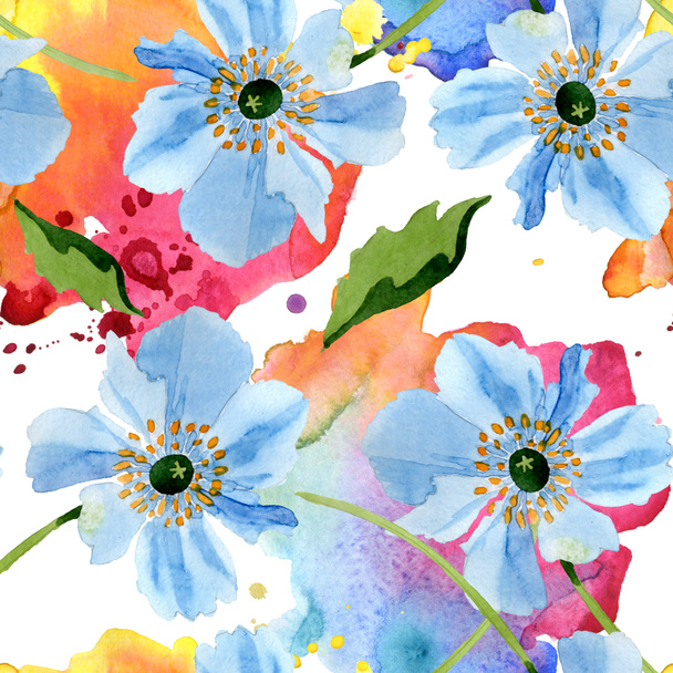 Beautiful blue poppy flowers with green leaves isolated on white. Watercolor background illustration. Watercolour aquarelle. Seamless background pattern. Fabric wallpaper print texture. - Foto, Imagen