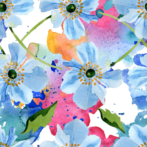 Hermosas flores de amapola azul con hojas verdes aisladas en blanco. Ilustración de fondo acuarela. Acuarela acuarela. Patrón de fondo sin costuras. Textura de impresión de papel pintado de tela
. - Foto, imagen