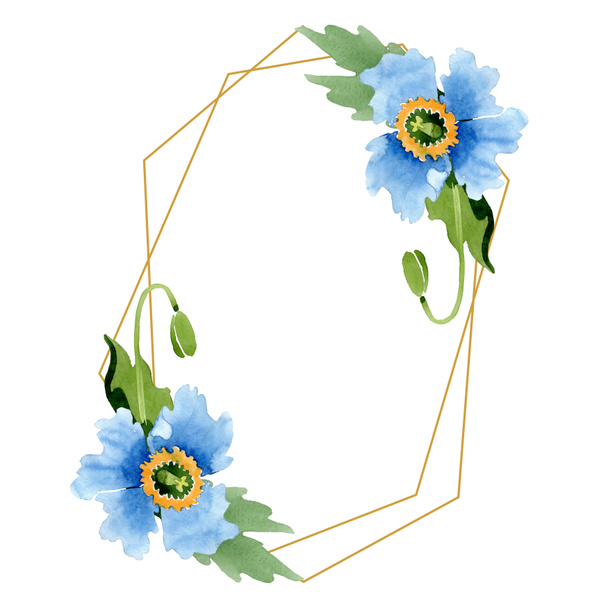 Lindas flores de papoula azul com folhas verdes isoladas em branco. ilustração fundo aquarela. Aquarelle desenho aquarelle moda. moldura borda ornamento cristal
. - Foto, Imagem