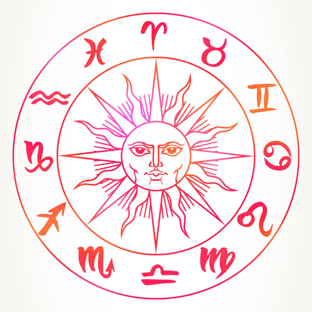 Ręcznie rysowane wokół słońce twarz znaków zodiaku. Wektor grafika Astrologia niebieskich ilustracja jasny czerwony na białym tle nad białym. - Wektor, obraz