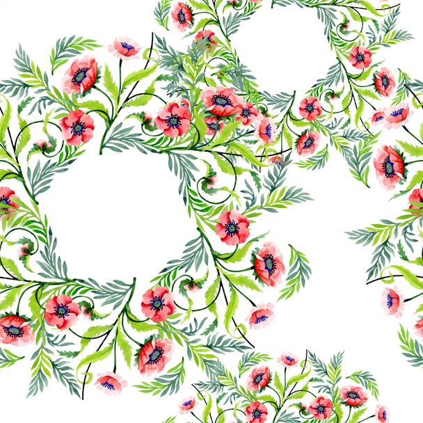 Ornament with beautiful red poppies and leaves. Watercolor background illustration. Seamless background pattern. Fabric wallpaper print texture. - Photo, Image