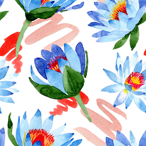 Blue lotus flowers. Watercolor background illustration. Watercolour aquarelle. Seamless background pattern. Fabric wallpaper print texture. - Photo, Image