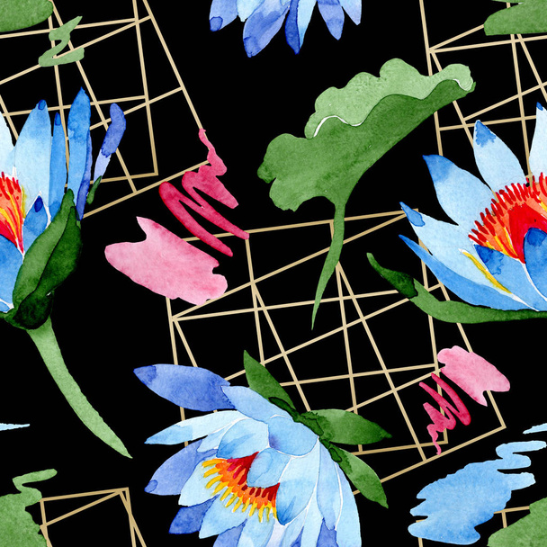 Blue lotus flowers. Watercolor background illustration. Watercolour aquarelle. Seamless background pattern. Fabric wallpaper print texture. - Photo, Image