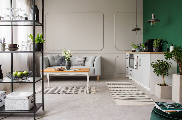 Gris y verde cocina abierta y sala de estar, foto real con espacio para copiar en la pared vacía
 - Foto, Imagen
