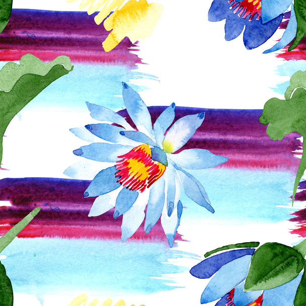 Blue lotus flowers. Watercolor background illustration. Watercolour aquarelle. Seamless background pattern. Fabric wallpaper print texture. - Foto, Imagem