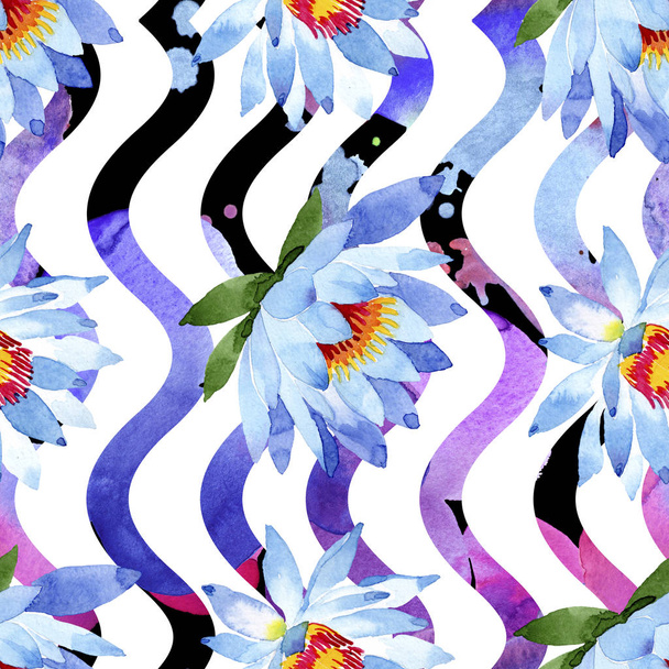 Blue lotus flowers. Watercolor background illustration. Watercolour aquarelle. Seamless background pattern. Fabric wallpaper print texture. - Fotografie, Obrázek
