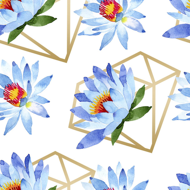 Blue lotus flowers. Watercolor background illustration. Watercolour aquarelle. Seamless background pattern. Fabric wallpaper print texture. - 写真・画像