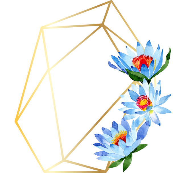 schöne blaue Lotusblüten isoliert auf weiß. Aquarell-Hintergrundillustration. Aquarell. Rahmen Bordüre Ornament. Kristall Diamant Bergschmuck Mineral. - Foto, Bild