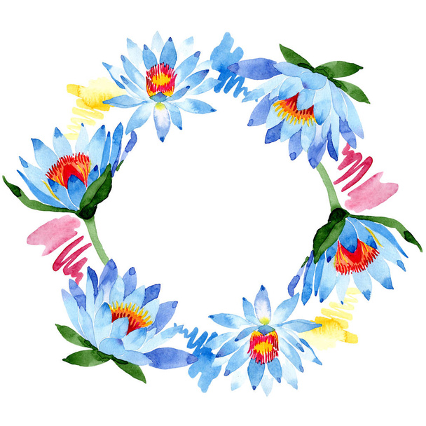 Beautiful blue lotus flowers isolated on white. Watercolor background illustration. Watercolour drawing fashion aquarelle. Frame border ornament. - Fotó, kép