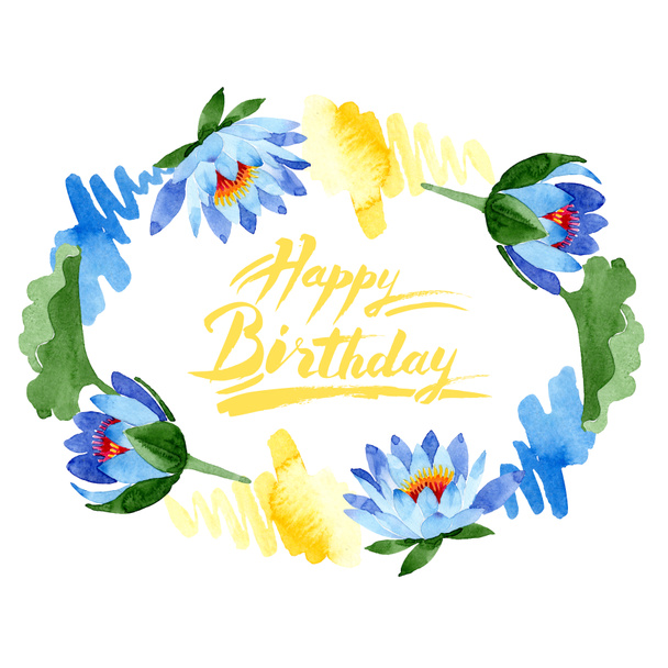 Beautiful blue lotus flowers isolated on white. Watercolor background illustration. Watercolour drawing fashion aquarelle. Frame border ornament. Happy birthday inscription - Φωτογραφία, εικόνα