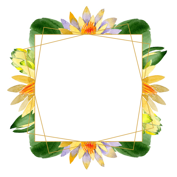 Yellow lotus. Floral botanical flower. Wild spring leaf wildflower isolated. Watercolor background illustration set. Watercolour drawing fashion aquarelle isolated. Frame border ornament square. - Fotoğraf, Görsel