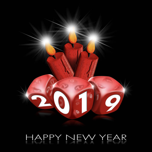 Ilustración en 3D de tres dados rojos con el número 2019 y tres velas con texto, Feliz Año Nuevo. Sobre un fondo negro
 - Foto, imagen