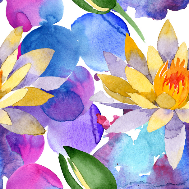 Beautiful yellow lotus flowers isolated on white. Watercolor background illustration. Watercolour drawing fashion aquarelle. Seamless background pattern. - 写真・画像