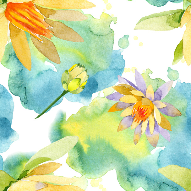 Beautiful yellow lotus flowers isolated on white. Watercolor background illustration. Watercolour drawing fashion aquarelle. Seamless background pattern. - Photo, Image