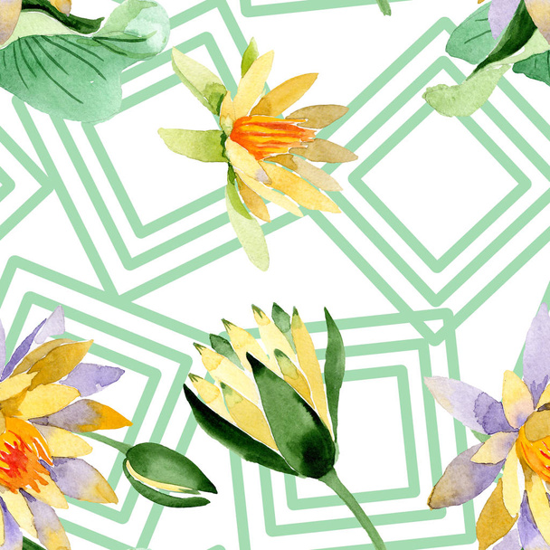 Hermosas flores de loto amarillo aisladas en blanco. Ilustración de fondo acuarela. Acuarela dibujo moda aquarelle. Patrón de fondo sin costuras
. - Foto, imagen