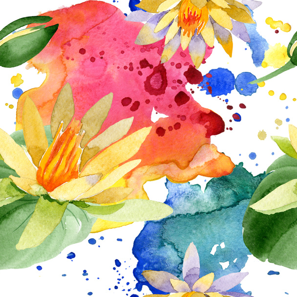 Krásné žluté lotosové květy izolované na bílém. Ilustrace akvarel zázemí. Akvarel výkresu módní aquarelle. Vzor bezešvé pozadí. - Fotografie, Obrázek