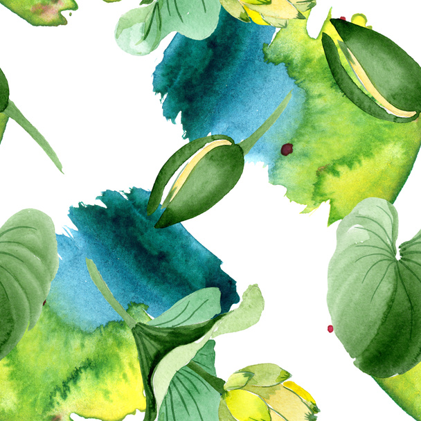 Beautiful yellow lotus flowers isolated on white. Watercolor background illustration. Watercolour drawing fashion aquarelle. Seamless background pattern. - Valokuva, kuva